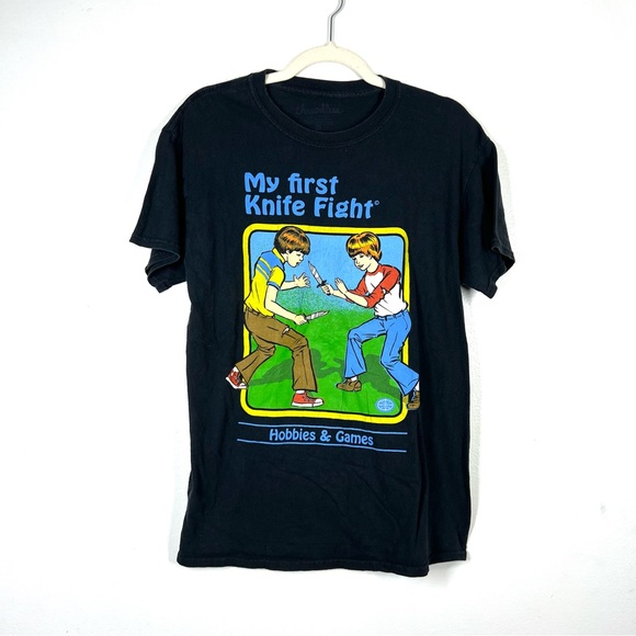 FUNNY My First Knife Fight Retro Vintage Dark Humor Graphic Tee Black Medium - Picture 1 of 4